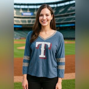 ‘47 Brand Texas Rangers MLB Blue long sleeve V-Neck Women’s Tshirt size‎ large